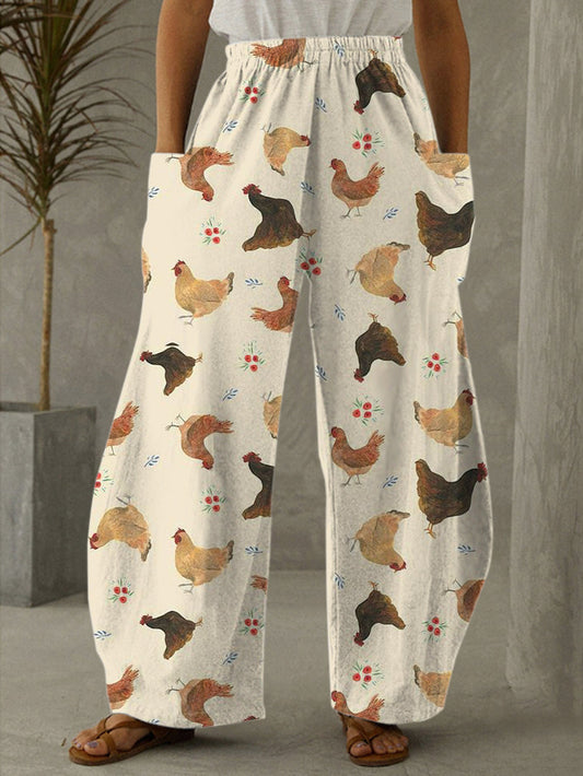 Vintage Farm Chicken Print Casual Pants