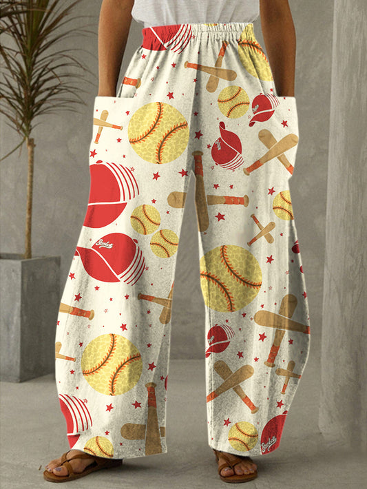Retro Softball Vibe Print Casual Pants